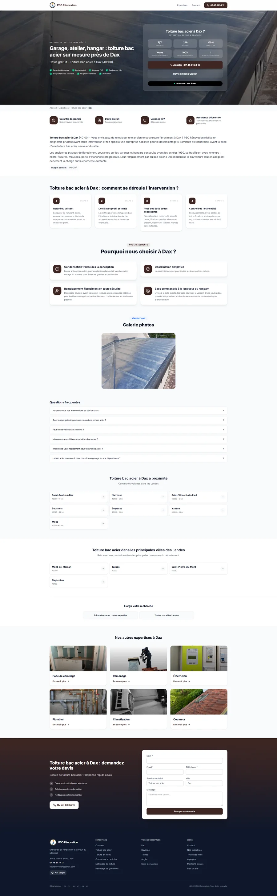Page locale complète générée par Sectoria : contenu, étapes d'intervention, FAQ, communes voisines et formulaire de devis