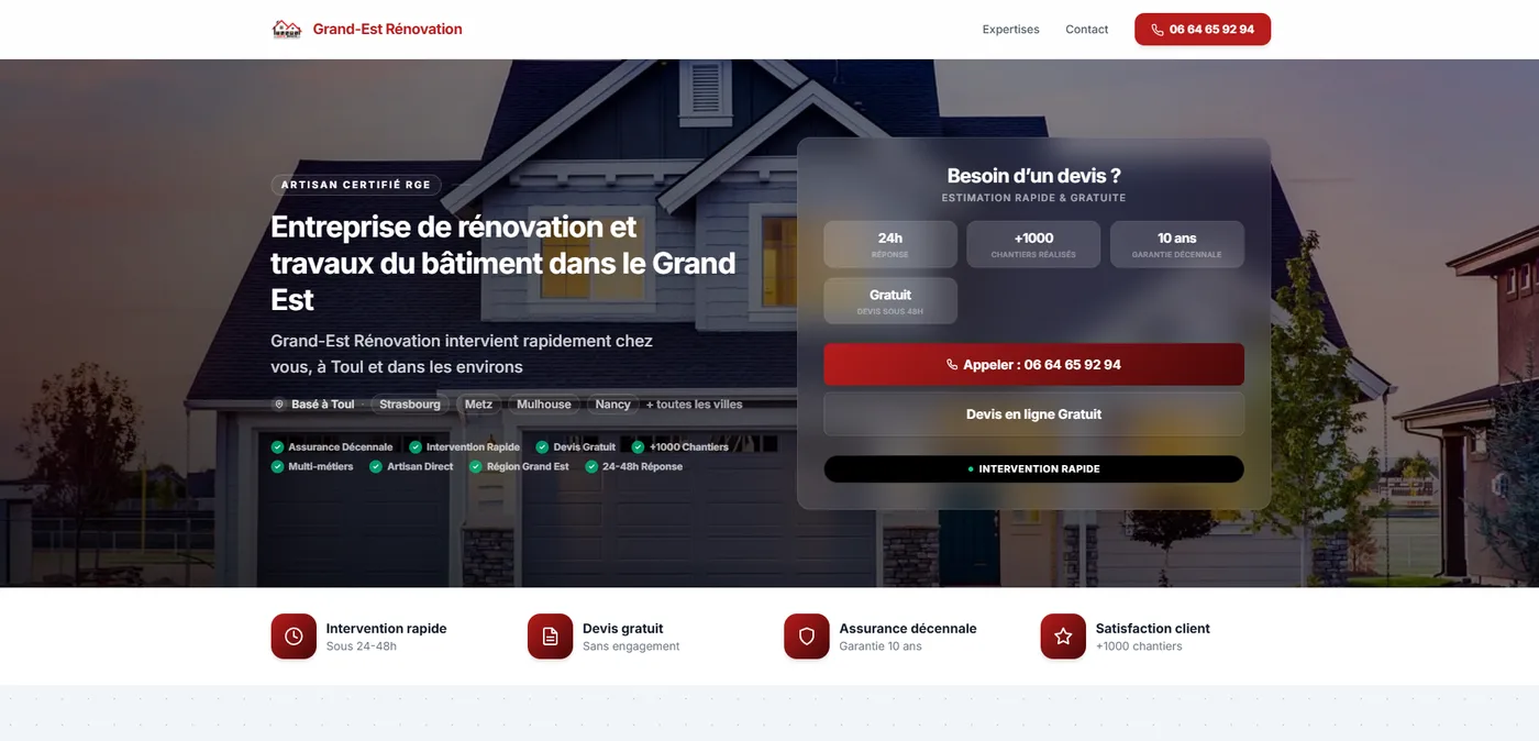 Page d'accueil d'un site de rénovation multi-métiers généré par Sectoria