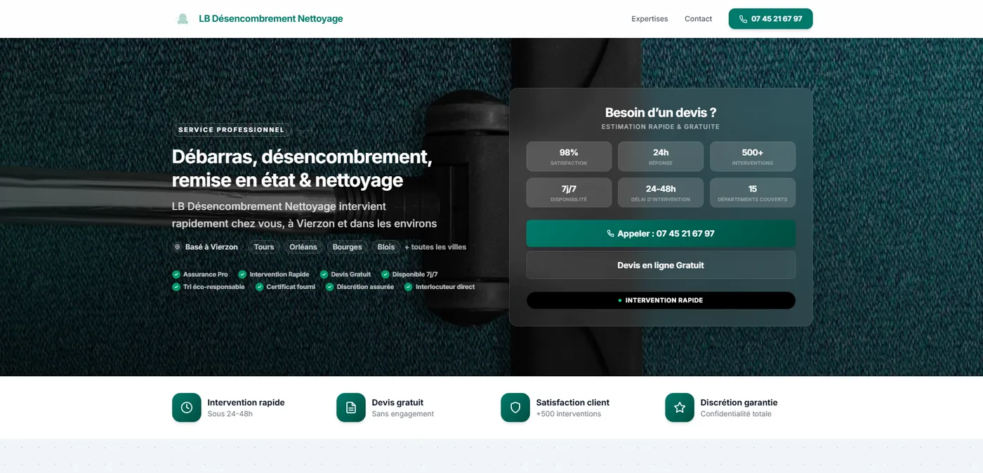 Page d'accueil d'un site de débarras et nettoyage généré par Sectoria