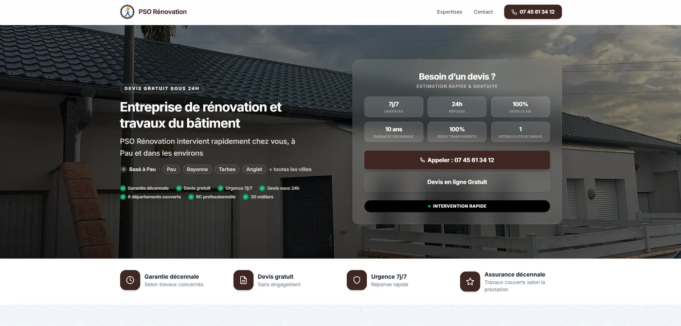Page d'accueil d'un site de rénovation générée par Sectoria